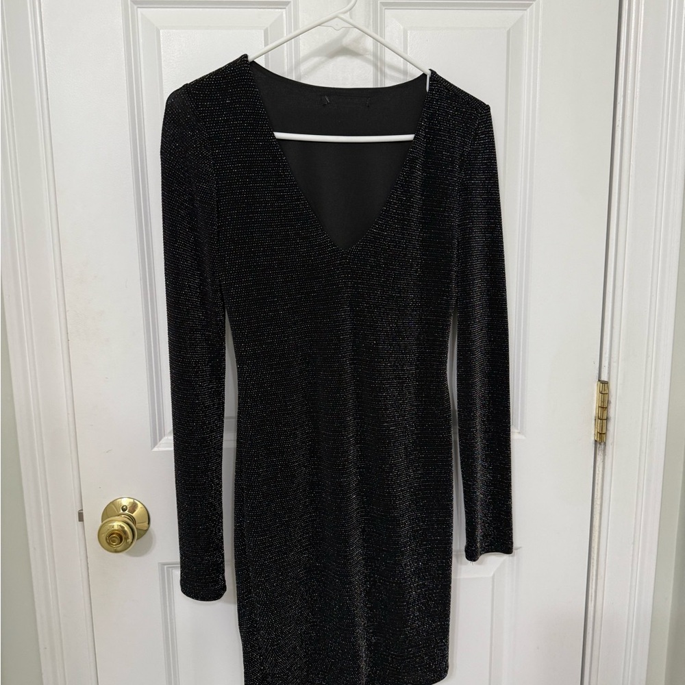 Sophisticated Black Glitter Long Sleeve Dress